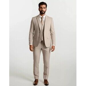 Braveman Men’s 3 Piece Slim Fit Suit Beige Size 46R